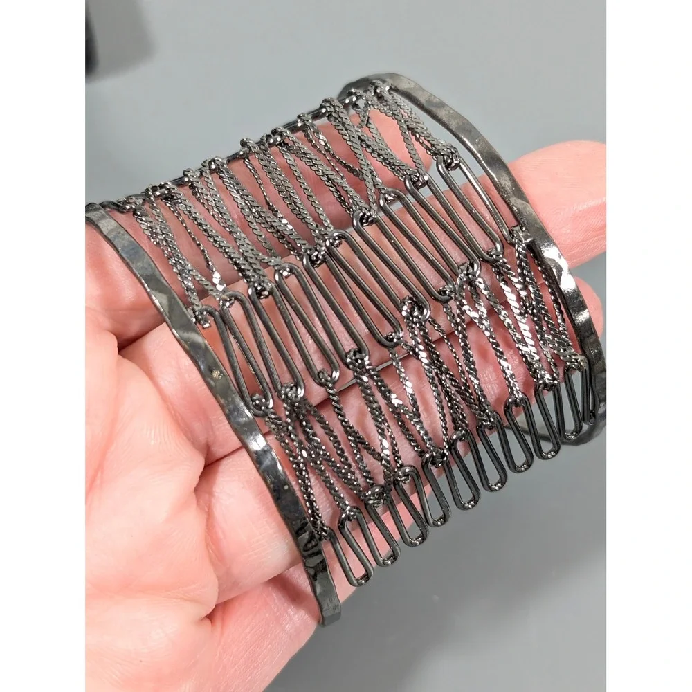 Gunmetal Gray Open Metal Work Wide Cuff Bracelet Statement Bracelet‎ 7